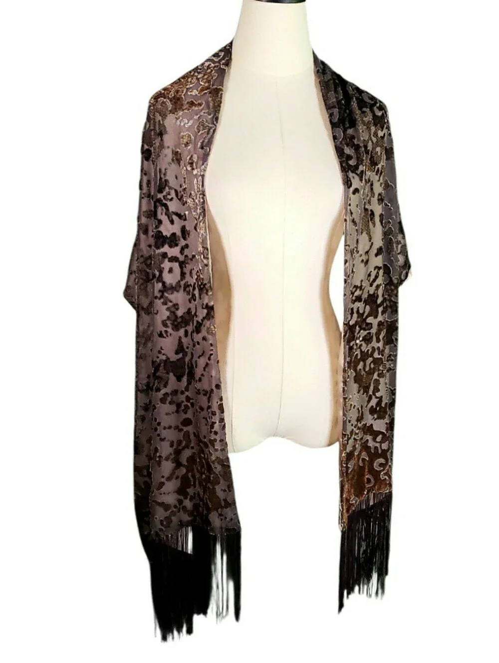 Nanette Lapore Brown Grey Burnout Velvet Abstract Animal Long Fringe Scarf Wrap